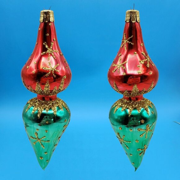 Vintage MCM Starburst Design Finial Glass Ornaments Red Green Gold 1990s 3pc 6" - Picture 3 of 10